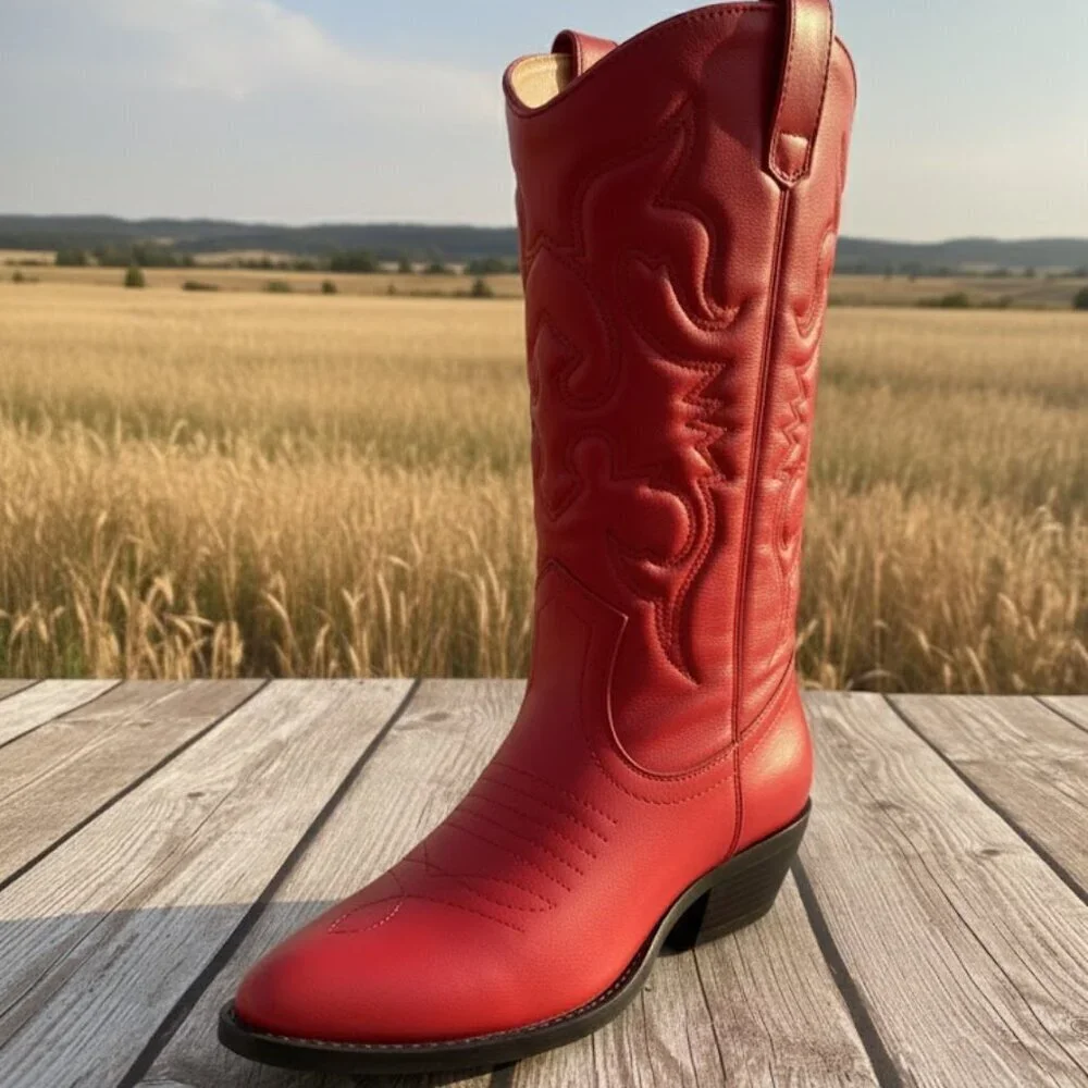 Red Western Cowboy Boots Embroidered Stitch Pointed Toe Mid-Calf